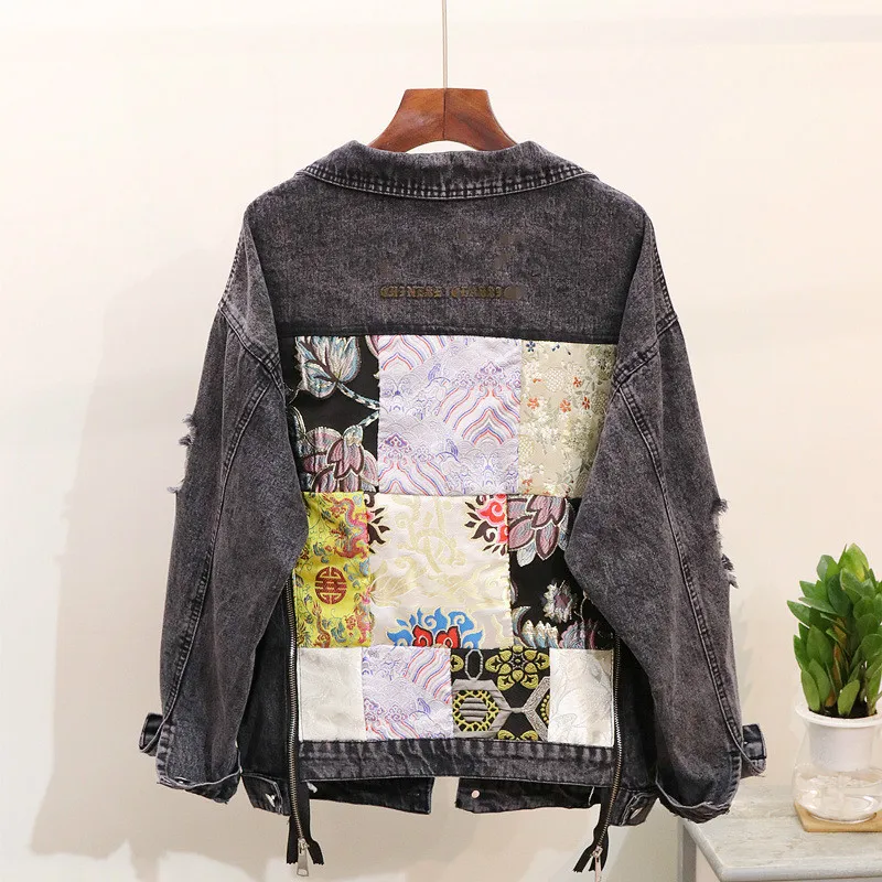 

2019 Autumn New Women's Print Patched Embroidery Double Zipper Hole Denim Jacket Female Spring Loose Jeans Jacket Casual Outwear