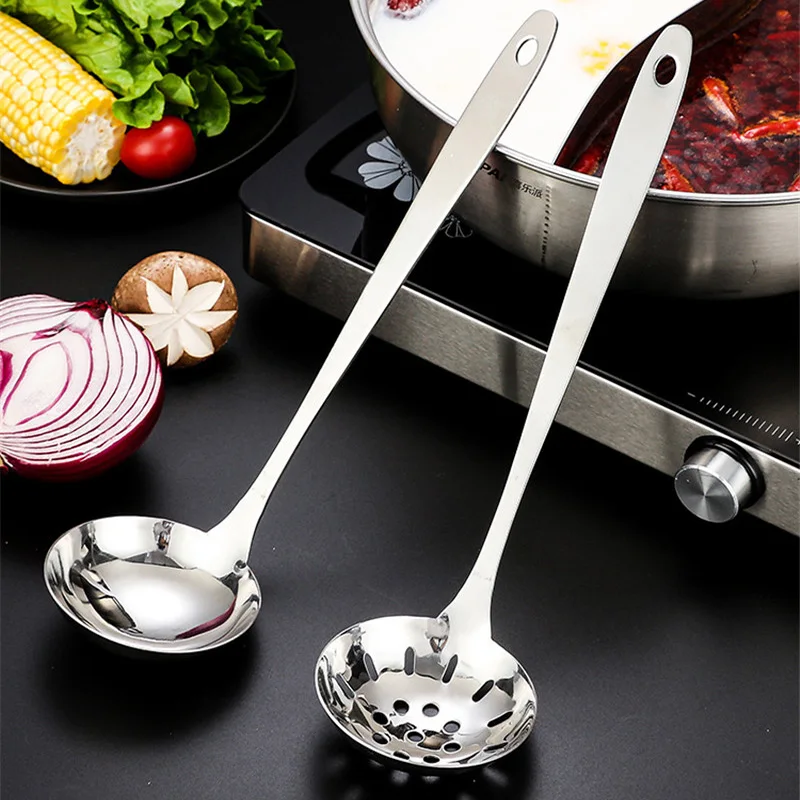 

Stainless Steel Soup Spoon Colander Kitchen Long Handle Tableware Hot Pot Soup Ladle Ramen Noodles Tablespoons Home Utensils