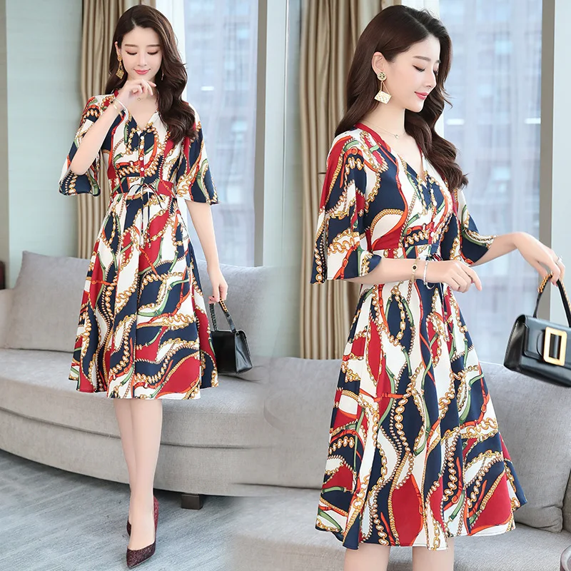 

2019 Summer New Style Ethnic-Style WOMEN'S Dress Large Size Printed Retro Medium-length Skirt Elegant Waist Hugging Slimming Dre