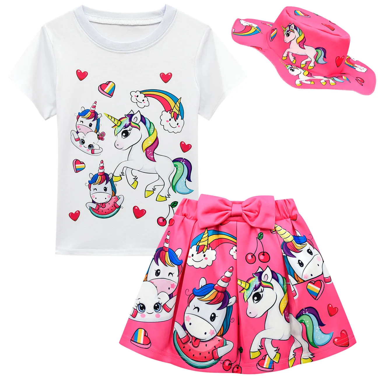little kid suit Kids Unicorn Summer Tops Skirts Outfit Set Children Princess Party casual suit Girl Unicorn Rainbow love Clothes T-shir + Skirts newborn baby clothes set for hospital Clothing Sets