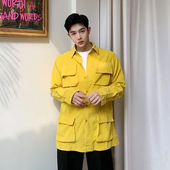 

Men Multi-pocket Corduroy Long Sleeve Casual Shirt Style Cargo Jacket Male Women High Street Hip Hop Pink Yellow Shirt Coat US $