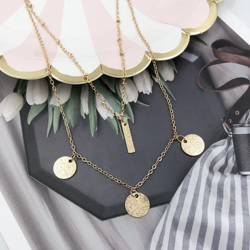 Creative fashion layered necklace for women round sequins rectangular simple pendant | Украшения и аксессуары