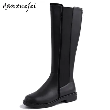 

Women's genuine leather elastic patchwork slip-on flats knee high boots winter warm plush long boots casual knight boots shoes