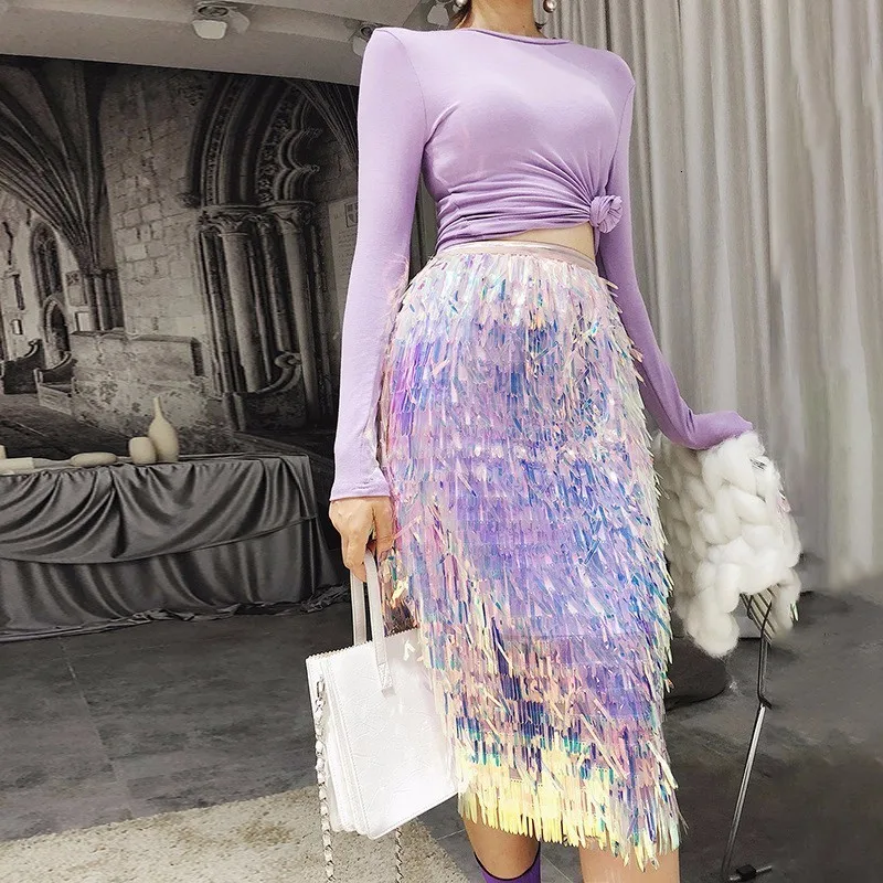Блестящая юбка с пайетками для женщин, модная эластичная талия, свободная юбка средней длины, осенняя шикарная уличная юбка, Jupe Femme