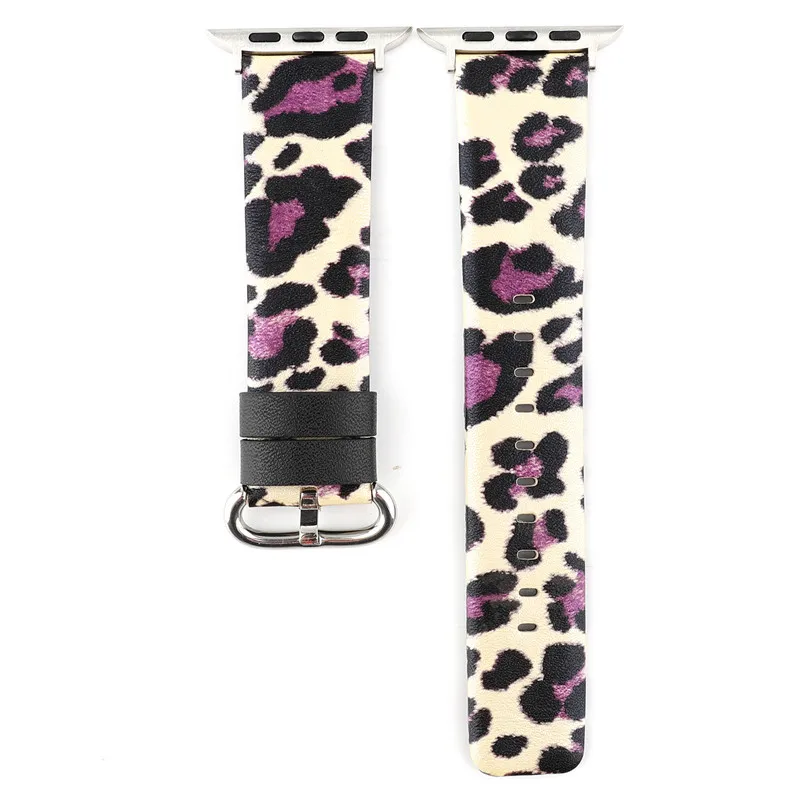 Purple leopard С леопардовым принтом сменный ремешок 44/40 мм для Apple Watch, версии 4 группа кожаный браслет с надписью для наручных часов iWatch серии 38/42 мм браслет ремень 3/2/1 - Цвет ремешка: Purple leopard