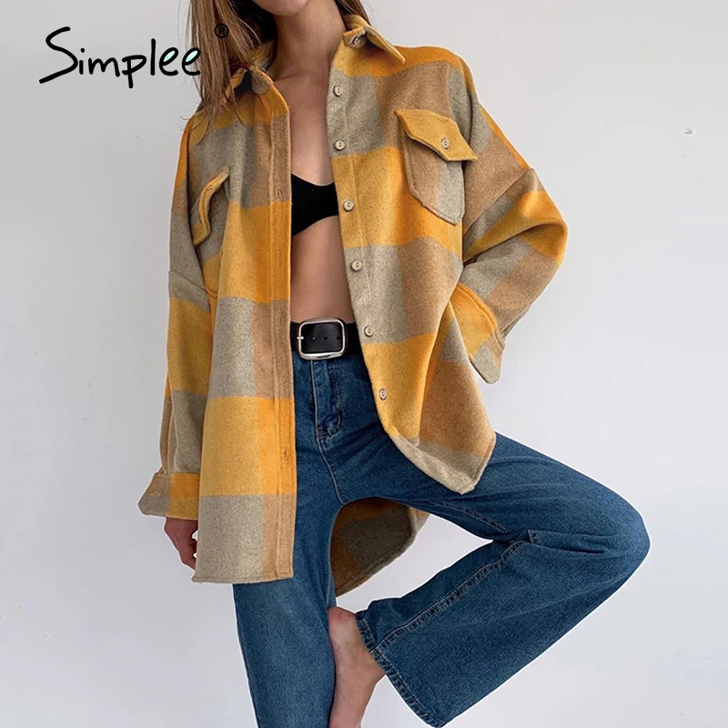 Women Coat Shirt Jacket Pockets Simplee Tweed Short Streetwear Female Casual Ladies Plaid