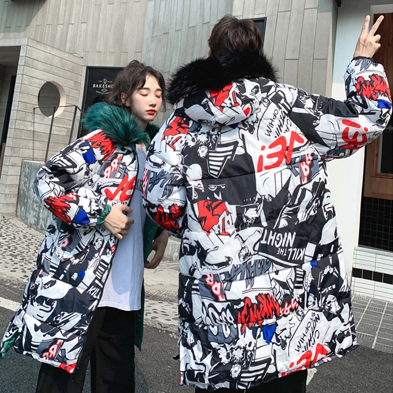 Зимняя длинная куртка Мужская/женская одежда Harajuku ветровка Толстые теплые мужские пальто парка большой меховой воротник Повседневная куртка с капюшоном
