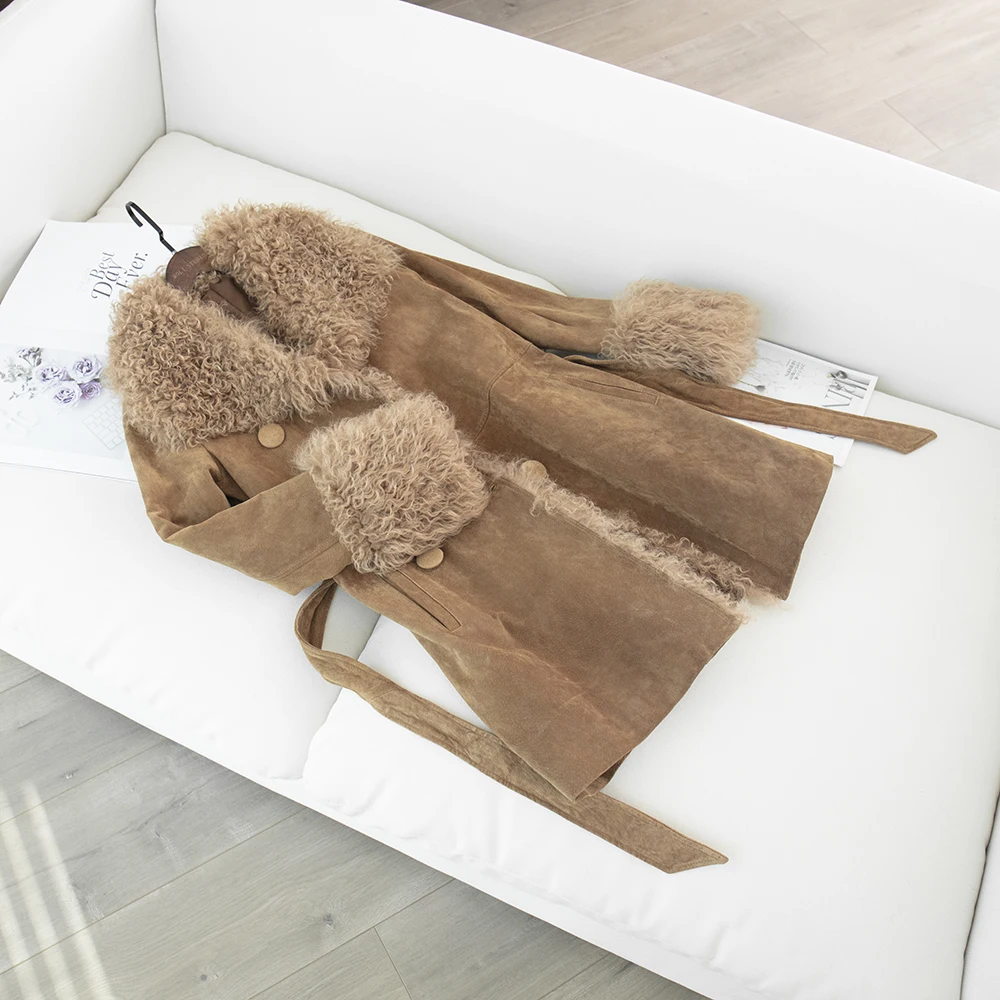 

coat plus size Real sheep fur collar 2020 new fashion winter clothes women natural pigskin leather jacket long co