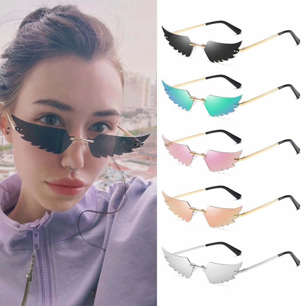 New Retro Rimless Angel Wings Sunglasses UV400 Luxury Trending Narrow Sun glasses Streetwear True Film Lens Fashion Accessories reader sunglasses