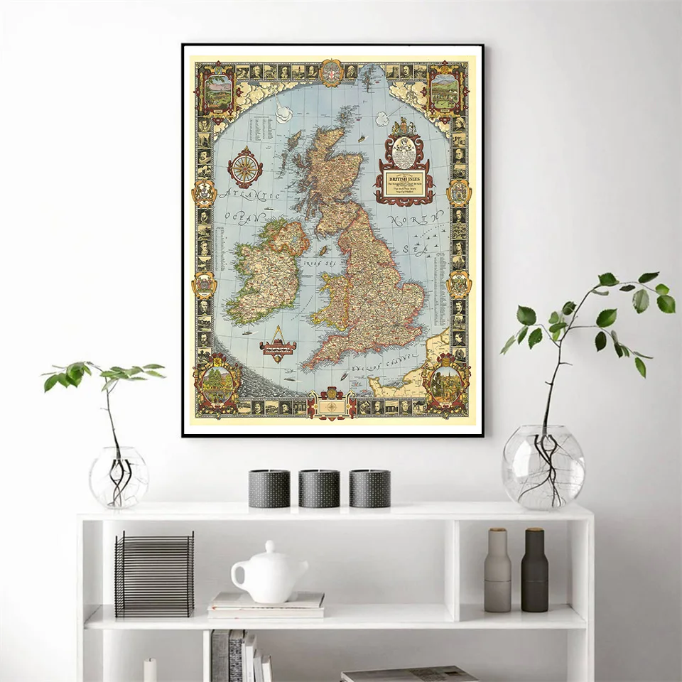 59*42cm The United Kingdom Map In 1937 with Details Wall Art Poster Canvas Painting Travel School Supplies Classroom Home Decor