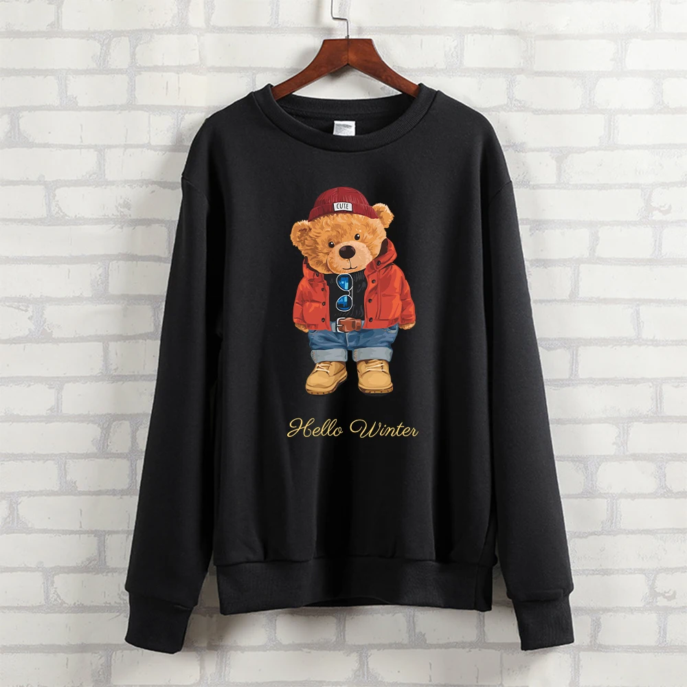 

BLINGPAW Teddy Bear Hellow Winter Letter Printed Unisex Crewneck Sweatshirt Heavy Blend Crew Neck Long Sleeve Autumn Clothes