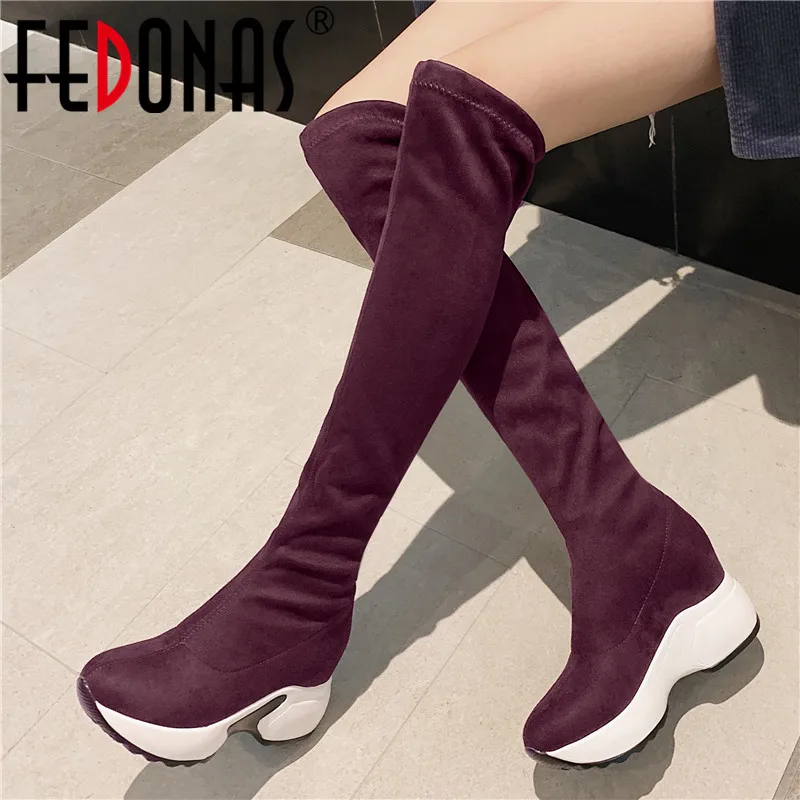 

FEDONAS Winter New Female Plus Size Wedges Riding Boots Flock Women Over The Knee High Boots Sexy Party Night Club Shoes Woman