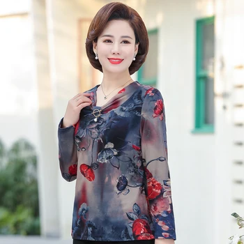 

Flower Tops Women 2020 Autumn Dark Blue Flower Blouses Middle Aged Woman Casual Long Sleeve Drape Collar O-neck Design Clothes