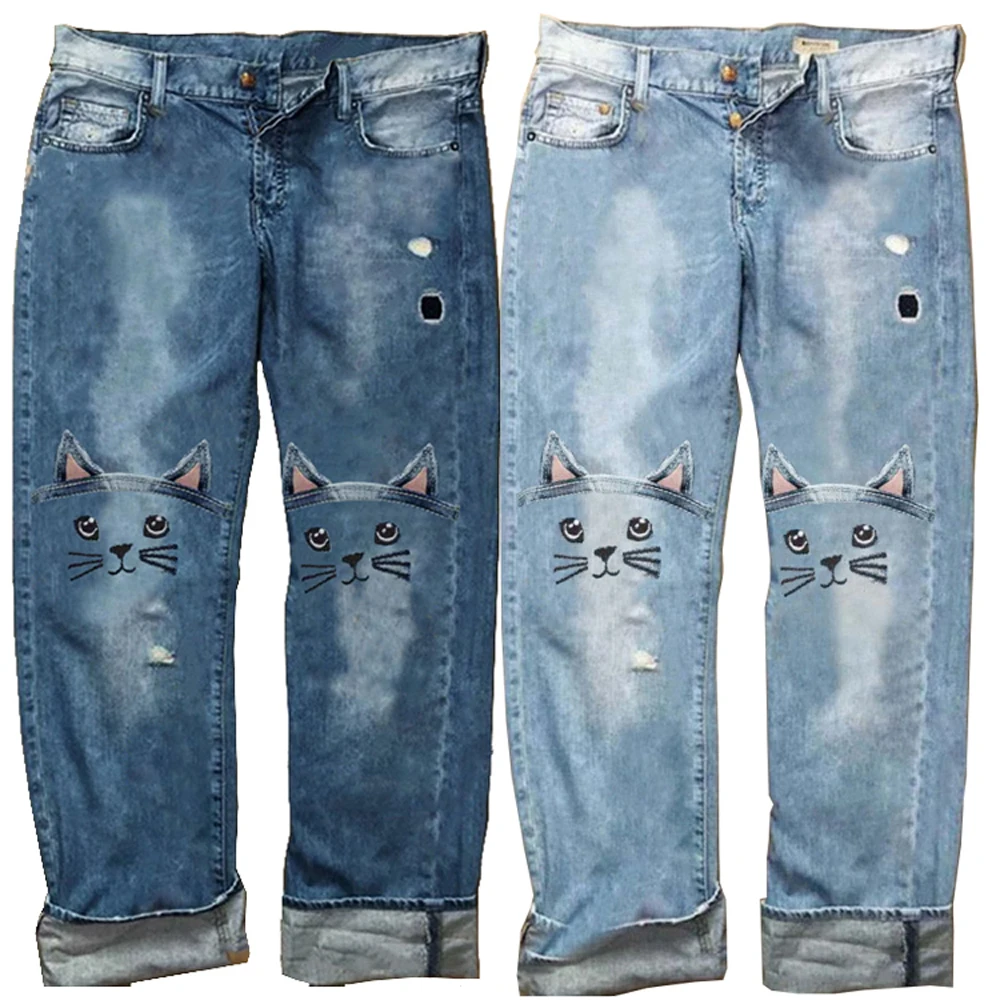 

European and American hot models cat women's jeans embroidered loose ladies jeans trousers