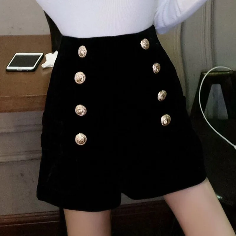 MUMUZI Women spring and autumn velvet shorts high waist all match buttons black short trousers loose 2xl bottom hot shorts 2023