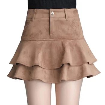 

High Waist A -Line Suede Skirt Vintage Style Female Casual Ladies Mini Ruffle Skirt Sexy Plus Size Peplum Frill Skirts Womens