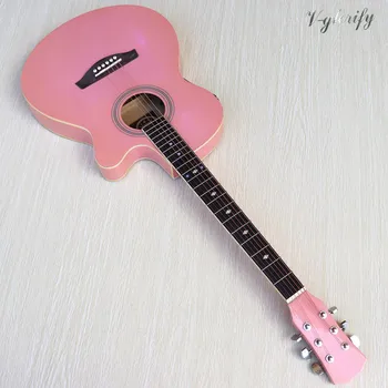

40 inch full basswood thin body pink electric acoustic guitar cutaway design high gloss 6 string folk guitar with small flaw