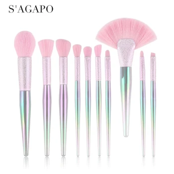 

S'AGAPO 10PCS Rainbow Makeup Brushes Sets Eyeshadow Eyebrows Fundation Concealer Makeup Brush 3D Crystal Large Fan Blush Brush