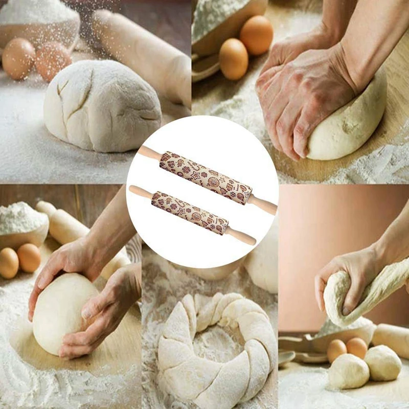 Christmas Wooden Rolling Pins, Christmas tree Shape Decor Embossing Rolling Pin,with Handle Engraved Xmas Symbols Carved For Coo