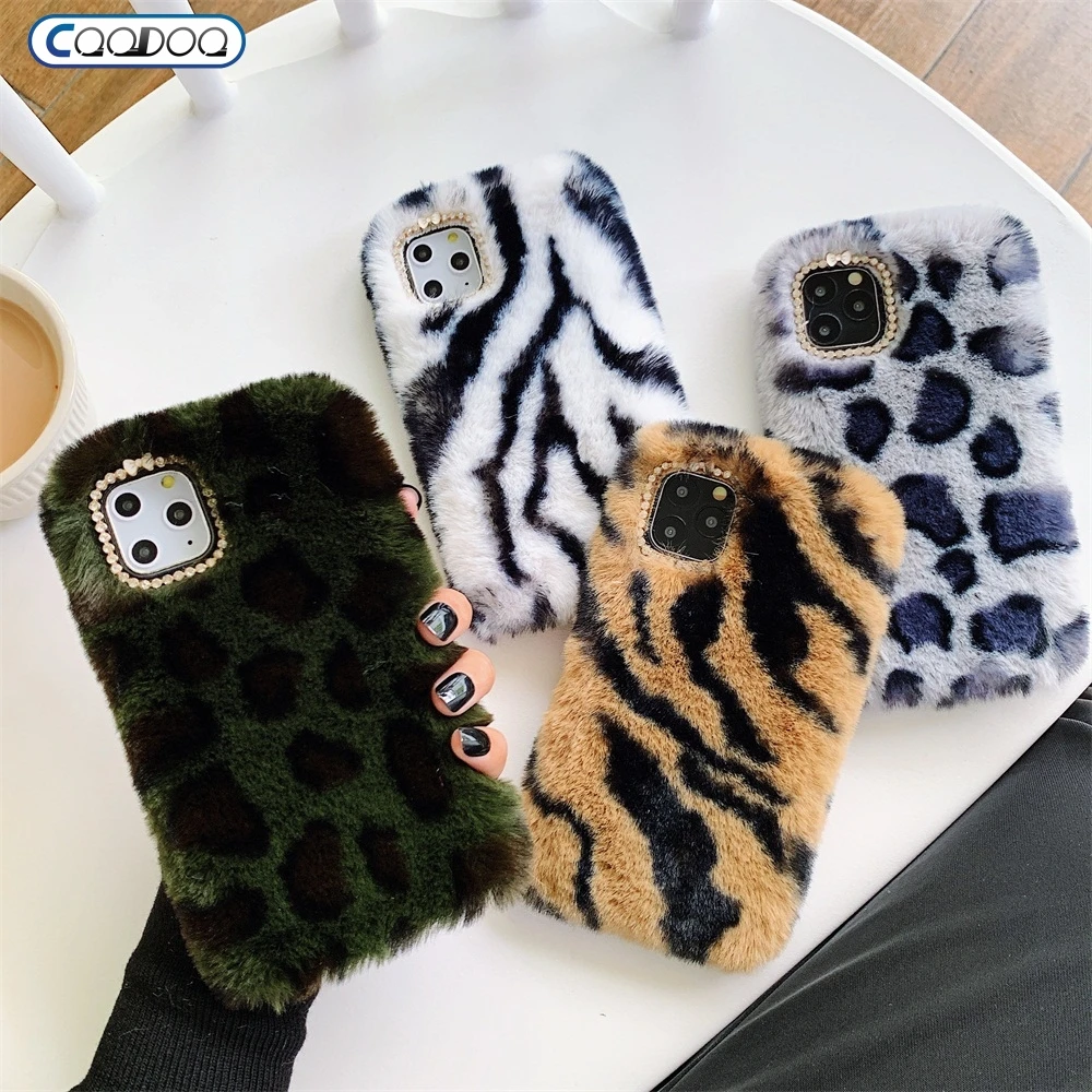 Cqqdoq Plush Leopard Print Case For iPhone 11 11Pro max Winter Protection Zebra Cover X XR XS MAX 6 6S 7 8 Plus Cases | Мобильные