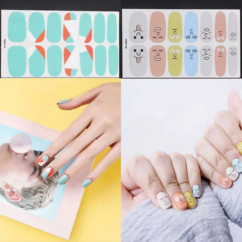 

14tips/set Full Cover Nail Stickers Wraps Christmas Design DIY Nail Art Decals Plain Stickers Self Adhesive Manicure Green Blue