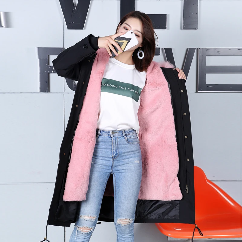 New fur coat real rabbit fur liner warm party to overcome wool fur collar female long coat fur coat