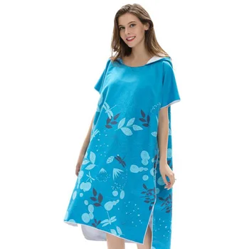 

Sea Blue Leaf Printing Changing Robe Bath Towel Fashion Outdoor Adult Hooded Beach Towel Poncho Women Bathrobe Towels