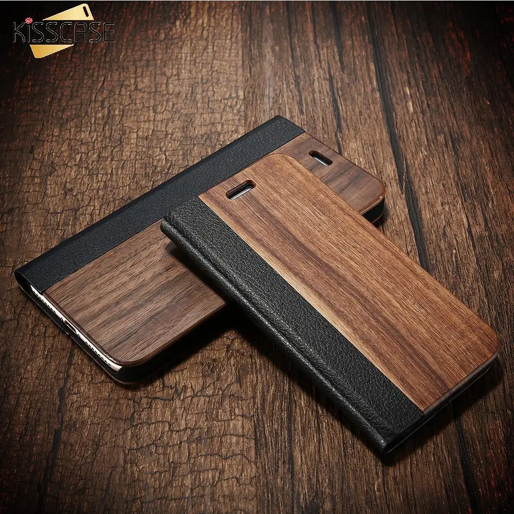 KISSCASE Wood Case For iPhone XR XS Max X 10 Funda Cases Genuine Bamboo Flip Leather Wallet Stand Coque 7 8 6 6S Plus |