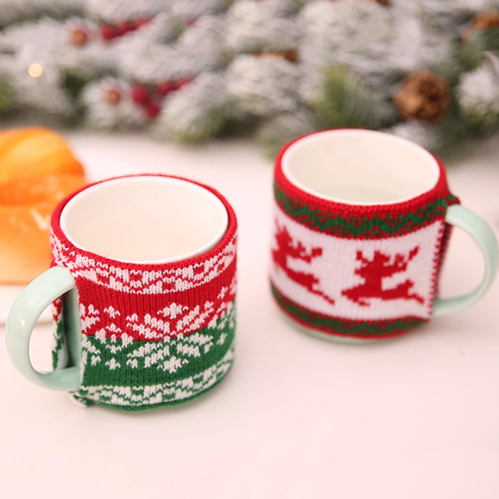 Рождественское украшение, Вязаная Шерстяная Крышка для чашки, кружка, рукав, Рождественская елка, снежный хлопья, лося, крышки для бутылок, новогодние, вечерние, декор стола