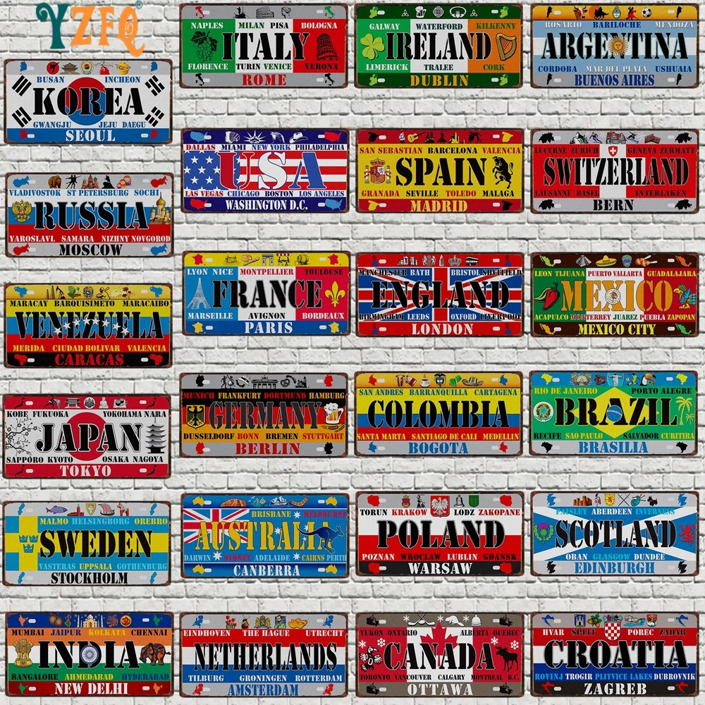 

【YZFQ 】Mexico Spain Metal Tin Sign Colombia USA Poster For Wall Restaurant Bar Home Decor 30X15CM Customizable DC-1512A