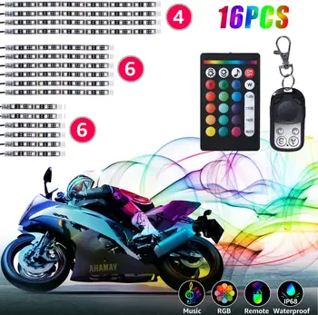 

16Pcs Motorcycle LED Lights, HRDJ Strips Kit Multi-Color Accent Glow Neon Lights Lamp Flexible with Remote Controller for