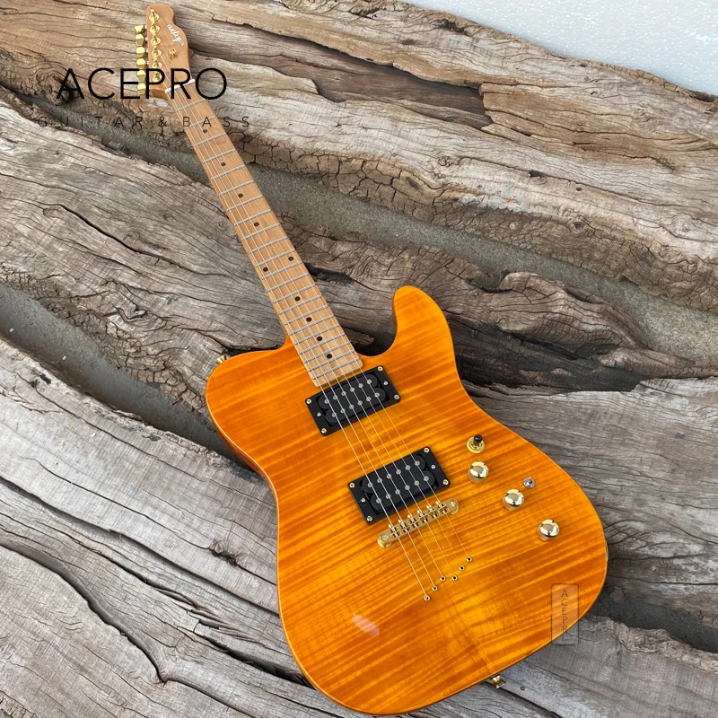 Acepro Yellow Flame Maple Electric Guitar Curved Top Stainless Steel