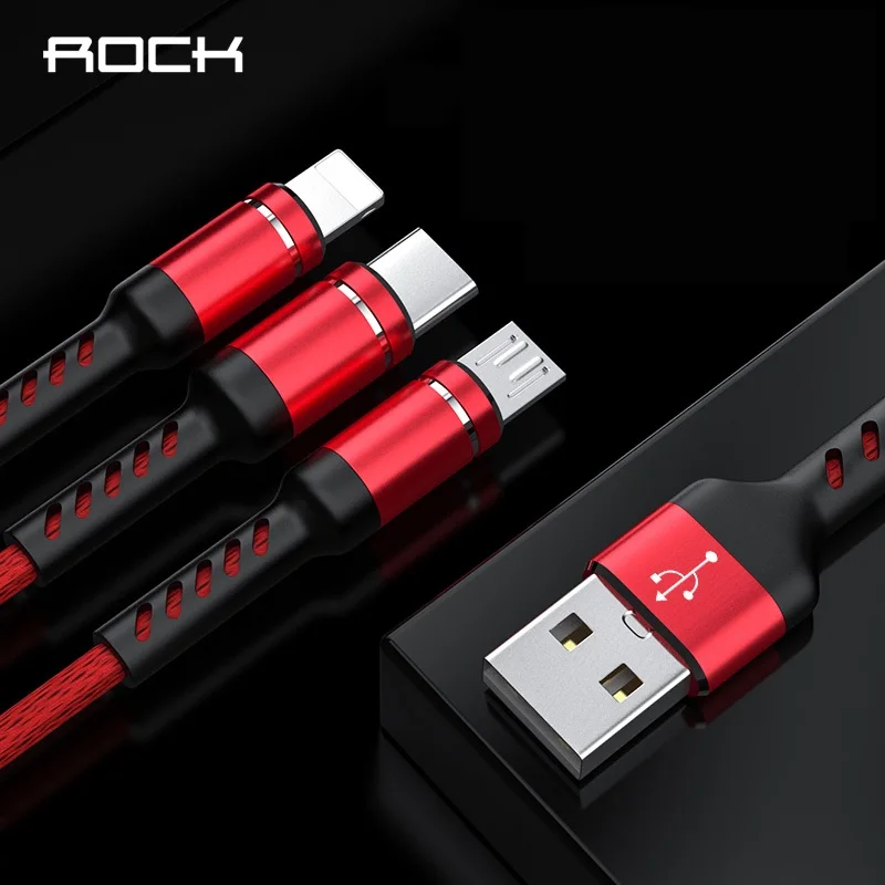 ROCK 3 в 1 USB кабель для iPhone XS X 8 7 6s зарядное устройство type-C Micro USB кабель для Android usb type C кабели для мобильных телефонов