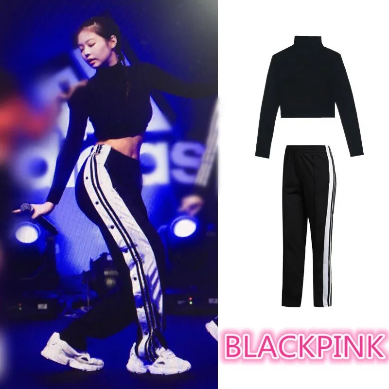 Kpop Blackpink Дженни же Уличная Сексуальная свободная черная высокая Талия Брюки женские корейские разрезные повседневные боковые пряжки широкие брюки