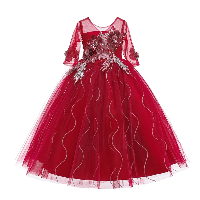 Пышные платья для девочек; платье для первого причастия; детское платье на свадьбу; платье для дня рождения; вечерние платья с блестками и лепестками для девочек; длинное платье для торжеств - Цвет: red