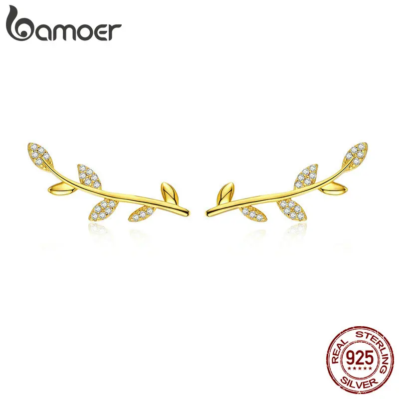 BAMOER Весенняя коллекция 925 пробы серебряное дерево листья Золото Цвет прозрачный CZ серьги гвоздики для женщин ювелирные украшения SCE556