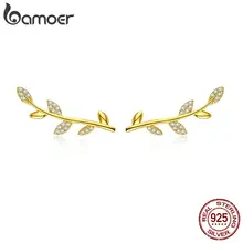 BAMOER Весенняя коллекция 925 пробы серебряное дерево листья Золото Цвет прозрачный CZ серьги гвоздики для женщин ювелирные украшения SCE556