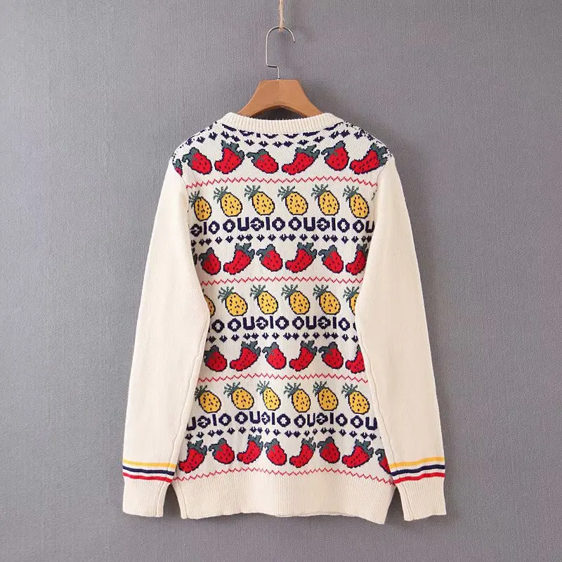 

New Style Fashion Versatile Slim Fit Slimming Fruit Pattern Jacquard Crew Neck Long Sleeve Sweater Women's 851-9098