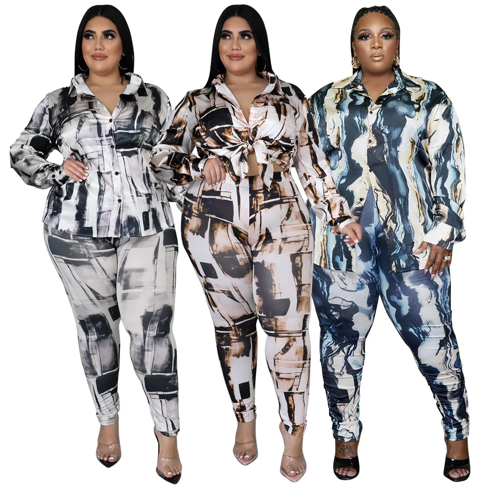 Conjuntos de Tamanhos Grandes para as Mulheres Ternos de Duas Inverno Manga Longa Camisa & Calças 2 Peças Roupas Femininas Atacado Dropshipping L-4xl Tie Dye 3 Plus size Conjuntos