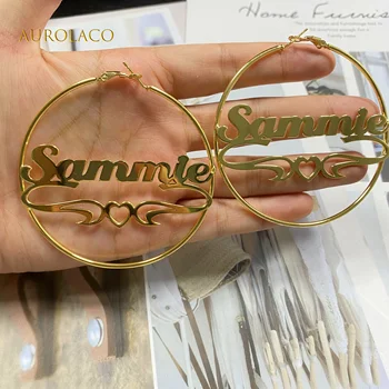 

AurolaCo New Custom Name Earrings Personalized Stainless Steel Big Hoop Name Earrings Jewelry For Women Gift