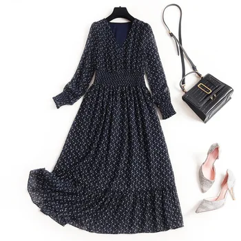 

Women long sleeve bohemian dress new 2020 spring summer elastic waist ruffles hem print chiffon midi dresses