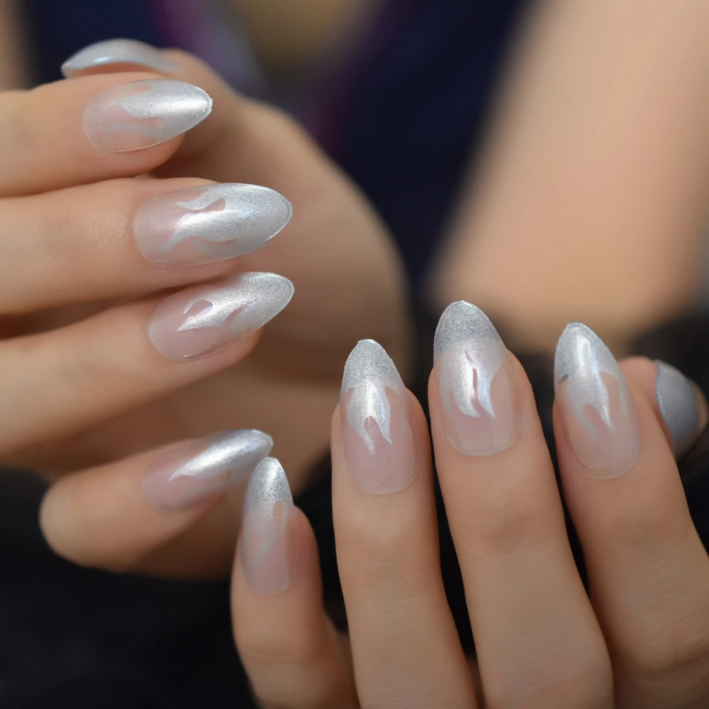 Искусственные ногти с пламенем серебристые блестящие огнем дизайнерские