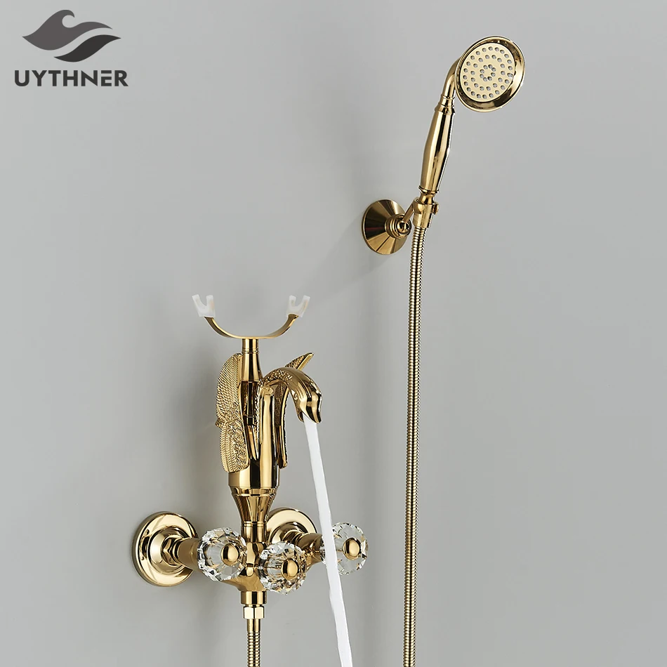 Luxury Golden ห้องน้ํา Swan อ่างอาบน้ําก๊อกน้ําติดผนังน้ําร้อนเย็น Bath Shower TAP ทองเหลือง Handshower คริสตัล handwheel 1