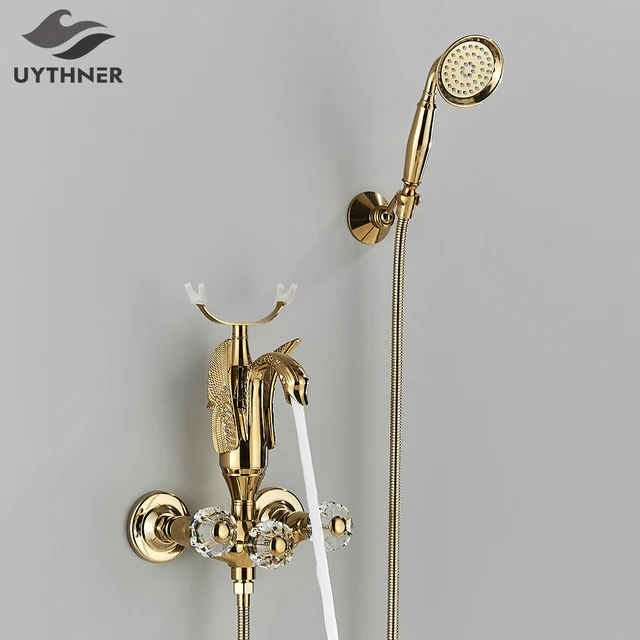 Luxury Golden ห้องน้ํา Swan อ่างอาบน้ําก๊อกน้ําติดผนังน้ําร้อนเย็น Bath Shower TAP ทองเหลือง Handshower คริสตัล handwheel 1