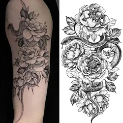 Men Women 3D Snake Flower Wolf Tattoo Sticker Body Art Painting Arm Leg Realistic Temporary Fake Tattoo Waterproof Black Color