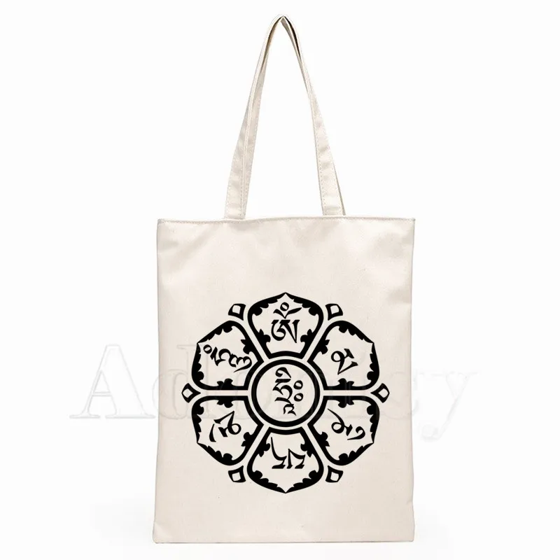 

JN BUDDHISM OM MANI PADME HUM Print Reusable Shopping Bag Women Canvas Tote Bags Printing Eco Bag Cartoon Shopper Shoulder Bags