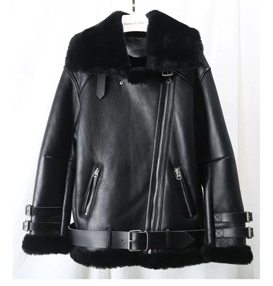 Winter Lamb Fur Bomber Real leather Jacket Women New Sheepskin Double Face Shearling Coat Oversized Genuine Leather Jackets