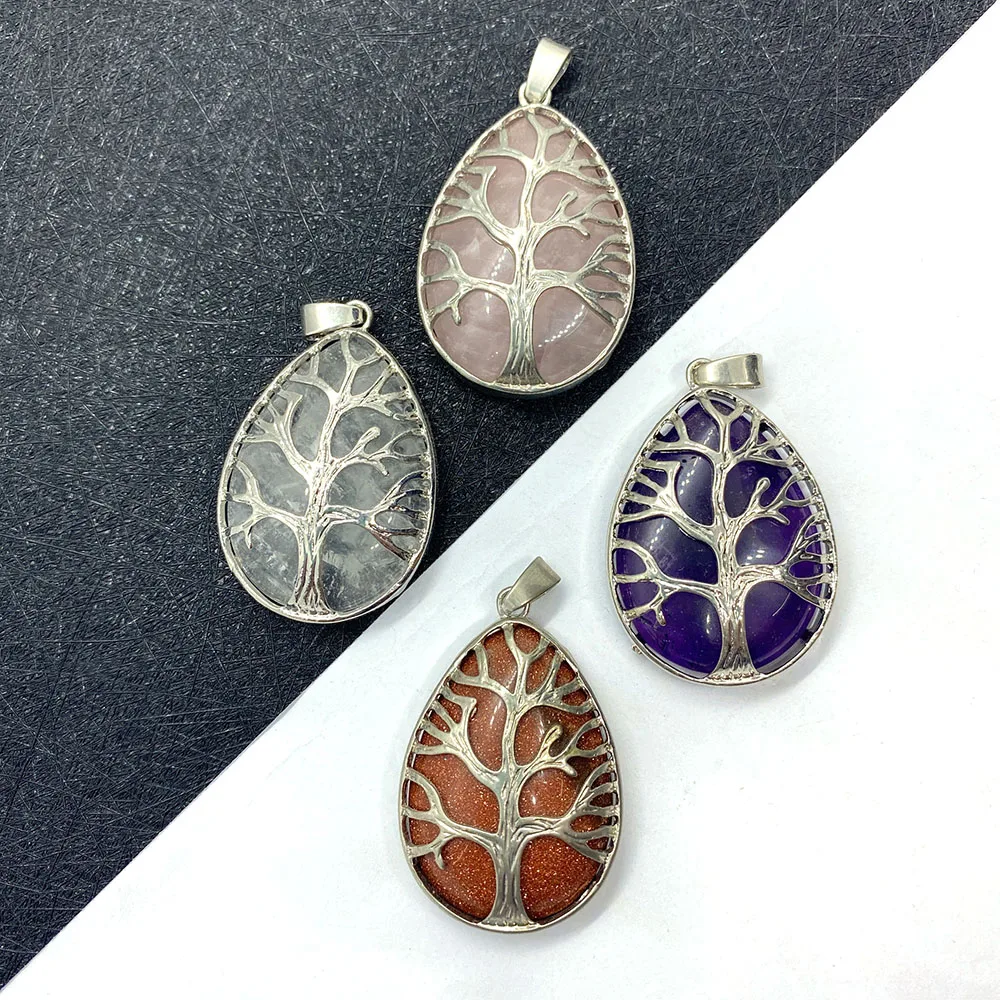 

Natural Stone Drop-shaped Pink Crystal Pendant Crystal Tree of Life Fashion Jewelry for DIY Necklace Bracelet Accessories26x40mm