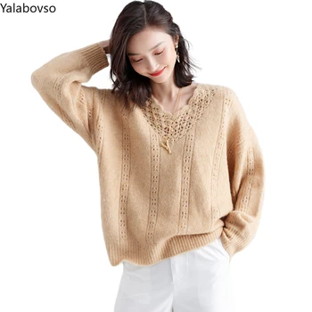 

Loose Hollow Out Sweater V Neck Cashmere Retro Warm Casual Bottom Sweater For Women Office Lady All Match Knitted Tops Z3