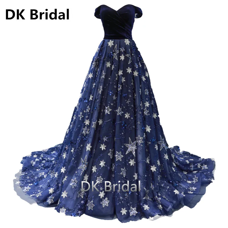 Королевский синий Vestidos De Fiesta блестящие звездное небо вечерние элегантные блестками вечерние платья с вышивкой банкет Вечеринка Выпускной платья